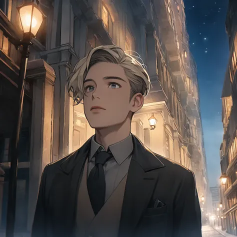 Perfect Face, A gentlemanly 28-year-old man, Milk beige hair color, Oil pastel style, Looking up at the stars, Chic atmosphere, The faint light of street lamps in the background, --Rainbow 5, 4K