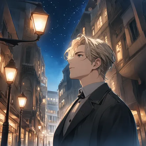 Perfect Face, A gentlemanly 28-year-old man, Milk beige hair color, Oil pastel style, Looking up at the stars, Chic atmosphere, The faint light of street lamps in the background, --Rainbow 5, 4K