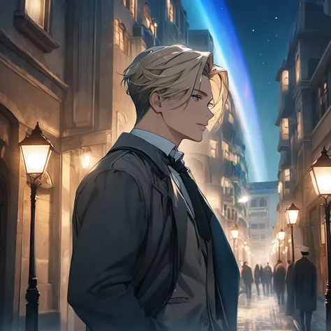 Perfect Face, A gentlemanly 28-year-old man, Milk beige hair color, Oil pastel style, Looking up at the stars, Chic atmosphere, The faint light of street lamps in the background, --Rainbow 5, 4K