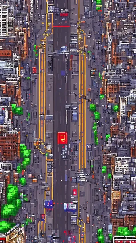 Straight road running through the center of the city, game concept, game map, pixel, pixel art, (straight road:1.2), paved road, vertical, birds eye view, modern city, modern buildings, post-apocalypse, front projection