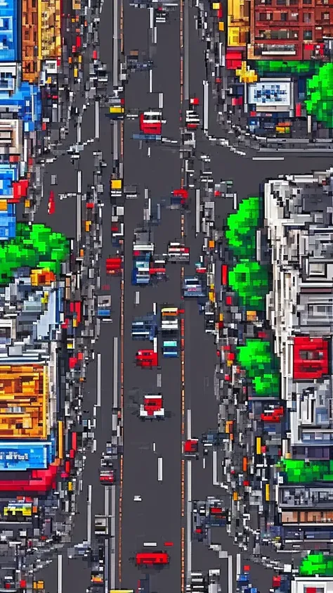 Straight road running through the center of the city, game concept, game map, pixel, pixel art, (straight road:1.2), paved road, vertical, birds eye view, modern city, modern buildings, post-apocalypse, front projection