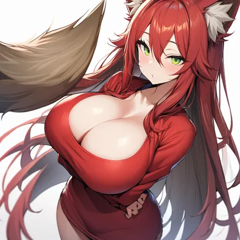 1girl,solo,red hair color,long hair,wolf ears,green eyes,slanted eyes,super huge breasts,slender,red shirt,long sleeves,looking at viewer,near,beautiful person ,cool,standing up,white background