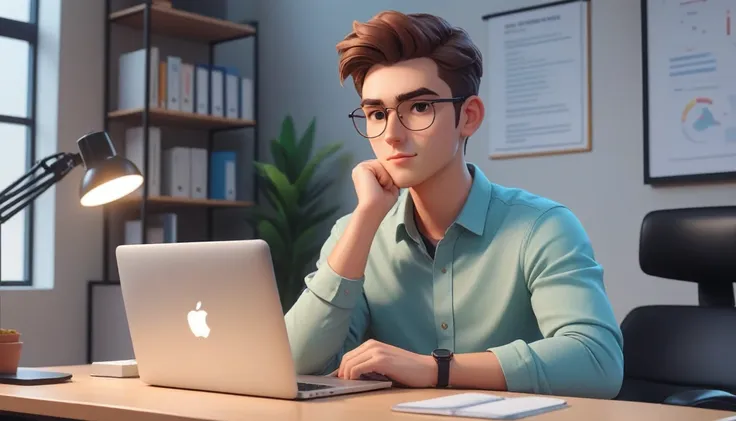 a 25 year old male business character with a friendly appearance and pixart style, . he is sitting behind his macbook in his min...