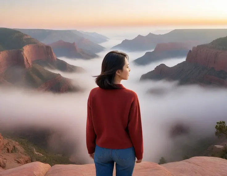 k Best picture quality, Beautiful 36-year-old Korean woman, short and good weather. Chest size 34 inches, View of Colorado Canyon, USA ,A red-colored sunrise with thick fog, Back background realistic and vivid image quality, Short and medium hair blowing i...