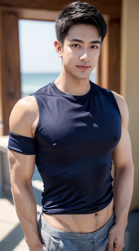 (Create a masterpiece: 1.2),(CGI art:1.3),(realistic:1.5),(After processing:1.3), (Sharp focus:1.3), 1 man, open mouth, smile, (Navy blue round neck shirt), Navy cargo pants, Korean guy , korean men, (High gloss details), chest muscles, large arm muscles, ...