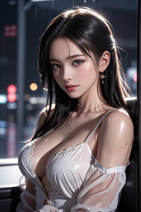 (RAW shooting, Photorealistic:1.5, 8K, Highest画質, masterpiece, Ultra-high resolution), Perfect dynamic composition:1.2, Night Street Corner, Looking up at the sky:1.3, (((Heavy rain from a typhoon))), Highly detailed skin and face textures:1.2, 雨にWetスリムな女子...