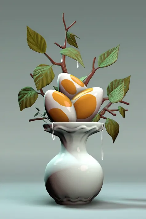 Surreal creatures blend food and nature.. Fried eggs on a branch in a white vase, Egg yolk, runny nose, dripping, dark texture background, Quail eggshells are scattered at the base., Botanical leaves, 3D virtual reality concept, Inspired by the art of Gius...