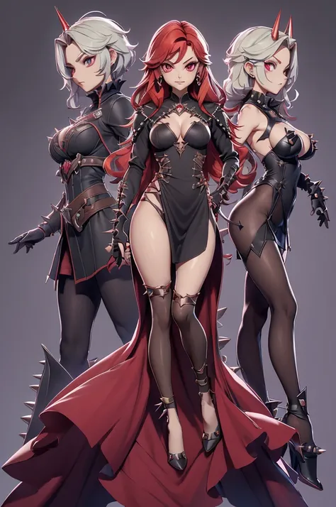 castlevania scarlet, (castlevania scarlet), tenebrosa, 独奏, ray tracing, 3D style, 3DMM, ((3 poses per photo)), ((3 poses in each photo)), fully body,(Front view),(back vision), (view on the left), black tights, Tear at the waist,(((3 poses per photo))),((s...