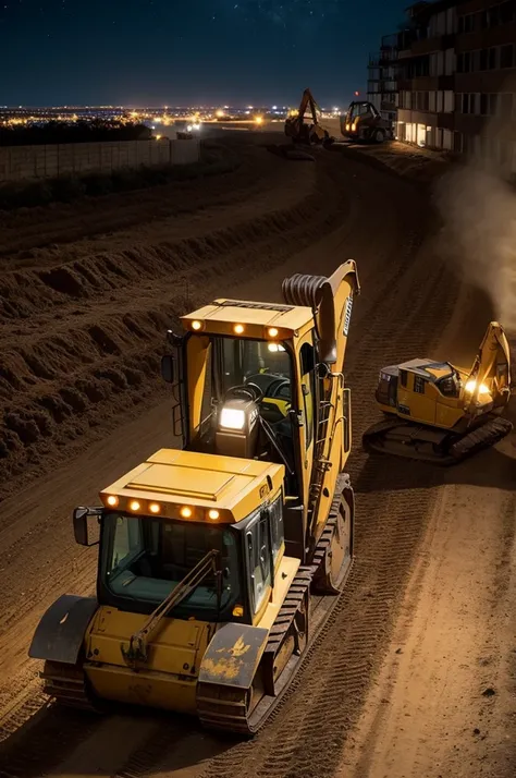 Por favor, create an image of a backhoe machine stopped at night