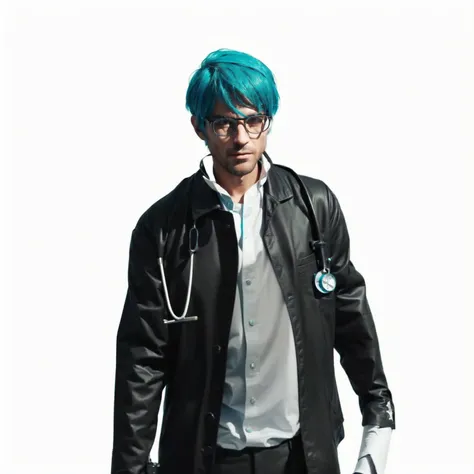 realistic, arafed man with blue hair and glasses in a black jacket, mechanic punk outfit, professor clothes, teal uniform, (doctor), teal skin, jk uniform, surgeon, doctor, elite scientist, skinny male fantasy scientist, medic, nurses leather suit, with te...