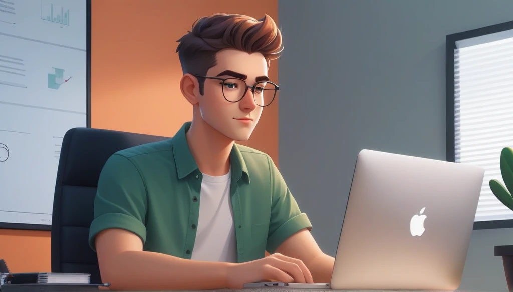 a 25 year old male business character with a friendly appearance and pixart style, . he is sitting behind his macbook in his min...