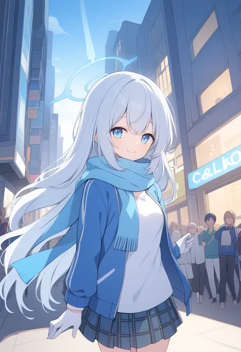 girl，silver long hair, blue eyes, wearing a blue hooded jacket, a sky blue scarf, a white t-shirt, white gloves, and plaid skirt...