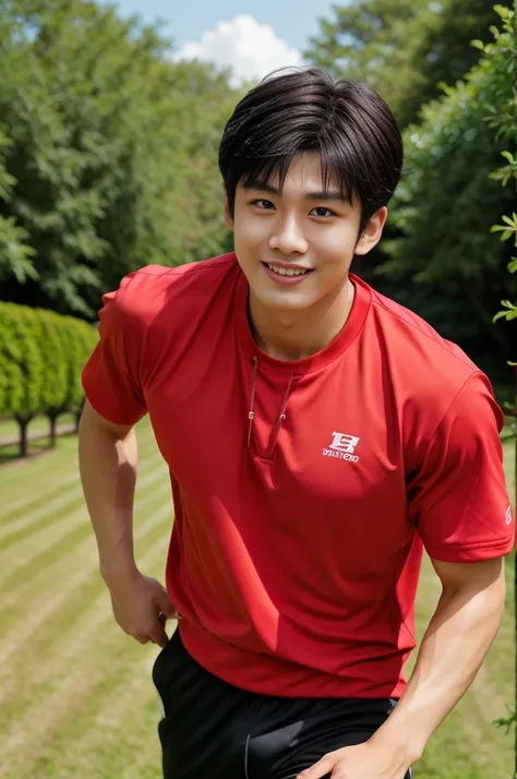 独奏: 1.5, (As a matter of fact, Masterpiece, 8k HD, good light quality, Red sportswear that fits the face, complicated details), A handsome, muscular young Korean man. , 20 years old, be happy, smile brightly, detailed face, delicate eyes, มองดูsky,  period...