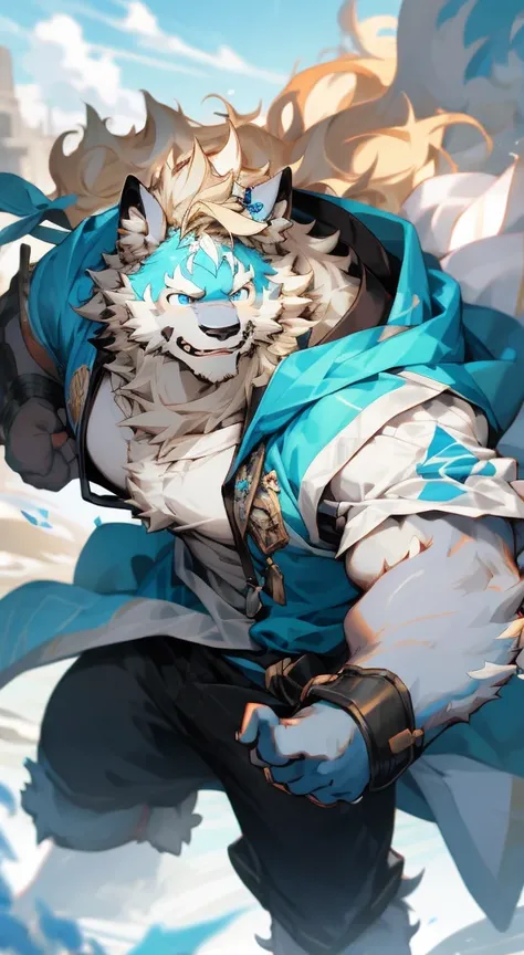 男人有dog脸， dog， White fur，Light blue eyes ， Happy expression，Light blue eyes， Light Blonde， Wear a black hoodie， Skin detailed， Light rice hair， Droopy ears，  Deviation trend， hairy艺术， Hairy chest， hairy， hairy角色， hairy身体，hairy脖子笑了，Wearing nude，Topless