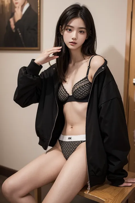 Photography of 20-year-old feminine men, Perfect face, masterpiece, OK, underwear, Black_OK, jacket, Black_