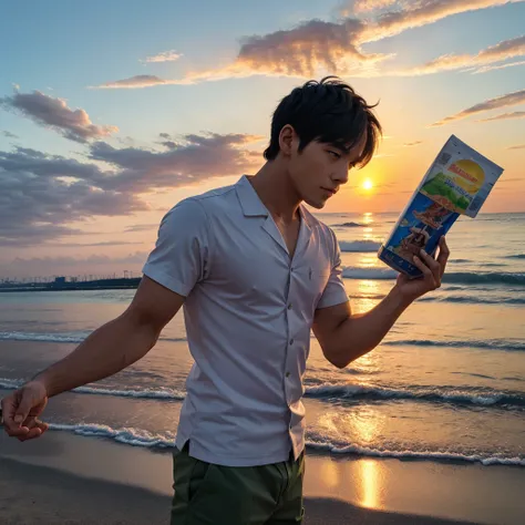 A anime man holding 🧃looking at sunrise 