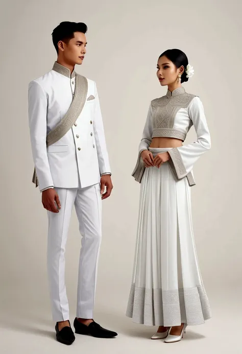 candid fashion illustration of two young man and women, adorned in a meticulously crafted north thai traditional outfit, stands ...