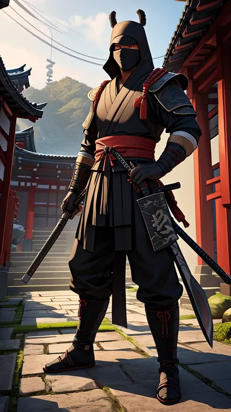 Create a cinematic hyper-realistic 3D image of a cool ninja with all his weapons facing a legendary samurai warrior with all his weapons in a period Japanese temple environment with a combat attitude, apply HDMI technologies,300 dpi and full definition the...