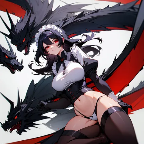 A black dragon woman maid, wears a short maid outfit showing her panties, has super big breasts, has long, messy black hair, It has red eyes, has a black dragon&#39;s horn, black dragon&#39;s wings and a black dragon&#39;s tail, wear black boots, wears a b...