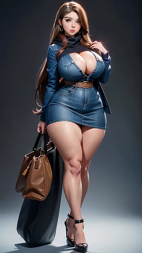 Full body photo of 1 beautiful woman, adult, big body, Voluptuous woman, (very long straight hair),( Brown hair), lined eyelids, makeup eyelids,  coat turtleneck,  scarf, neckline, (blue denim miniskirt,  black bag),  Tempting , ringing, curvy hourglass fi...