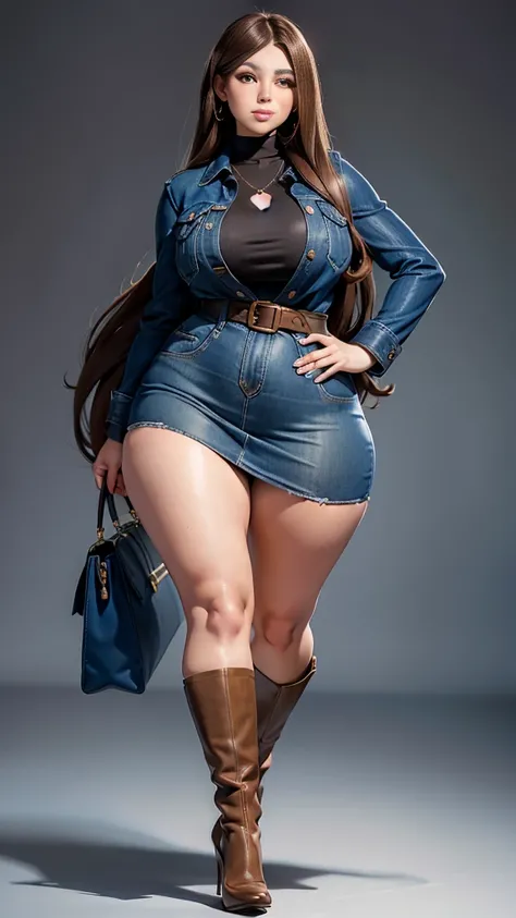 Full body photo of 1 beautiful woman, adult, big body, Voluptuous woman, (very long straight hair),( Brown hair), lined eyelids, makeup eyelids,  coat turtleneck,  scarf, neckline, (blue denim miniskirt,  black bag),  Tempting , ringing, curvy hourglass fi...