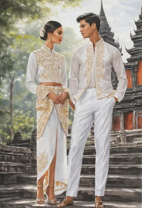 candid fashion illustration of two young man and women, adorned in a meticulously crafted north thai traditional outfit, stands ...