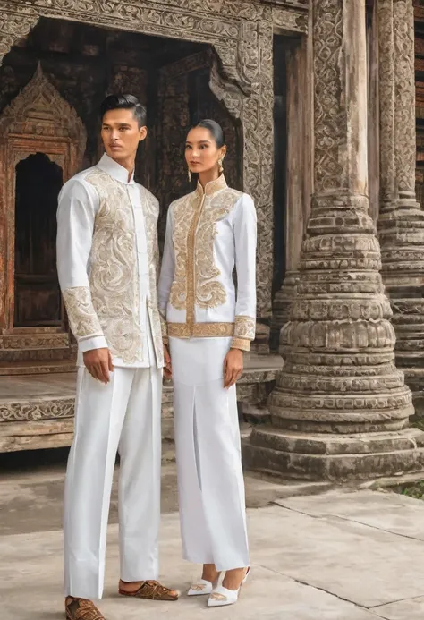 candid fashion illustration of two young man and women, adorned in a meticulously crafted north thai traditional outfit, stands ...