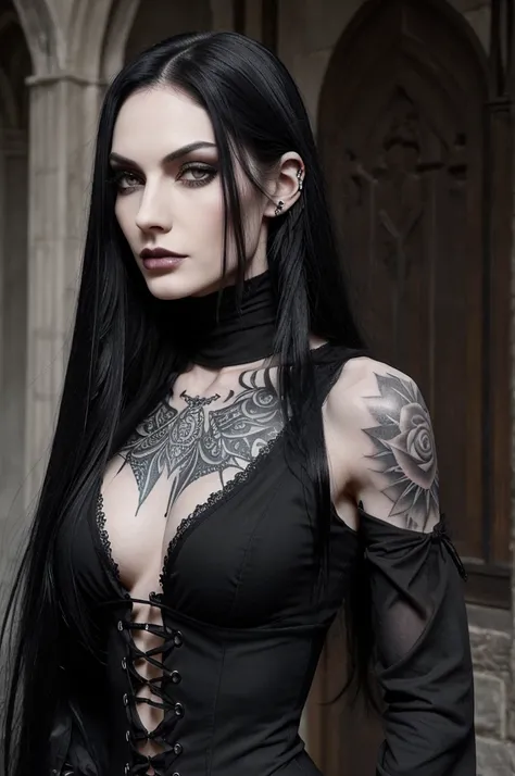 Physical description: (e.g., tall, slender yet muscular, pale skin, long black hair, piercing grey eyes)Distinguishing features: (e.g., gothic attire, tattoos, often wears dark makeup)