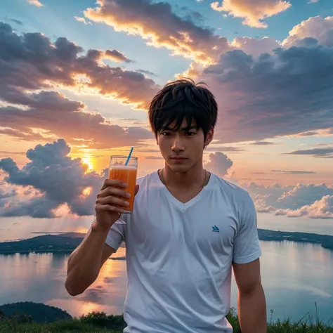 A anime man holding coldrink🧃looking at clouds with sunrise 