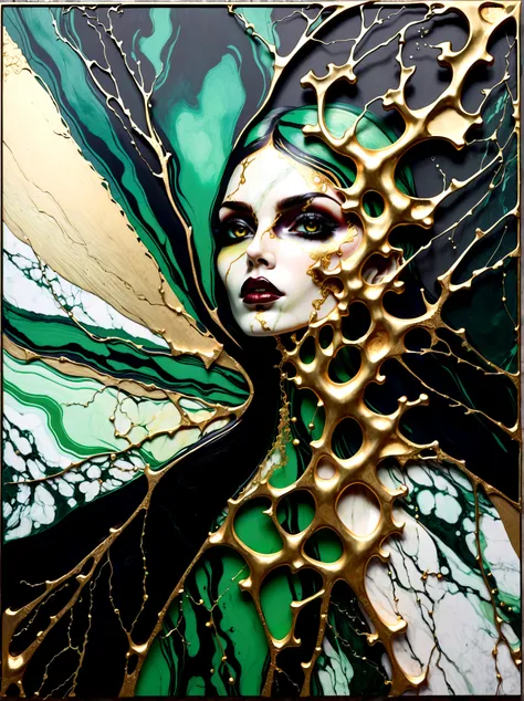 a beautiful illustration of a vampire woman made from an abstract marble texture, with colors of black, green and gold, highly detailed, intricate design, marble material, BY Anne Bachelier,