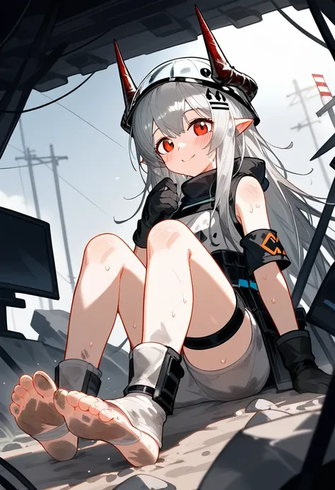 score_9,score_8_superior,score_7_superior,One girl,Mudstone (Arknights),dirty,feet,gloves,Helmet,horn,feet裏,Red eyes,裸feet,Pointed Ears,chest,alone,Long Hair,Gray Hair,black gloves,Toes,Helmet,feetのフォーカス,View your viewers,Sitting,Sweat,Part your lips,dirty...