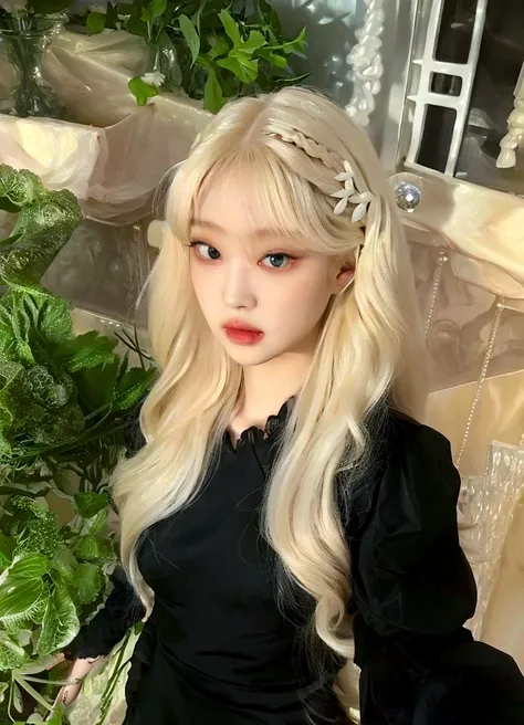 Blonde woman with long hair and black dress posing for a photo, extremely pale blonde hair, long white hair and bangs, very very pale blonde hair, lalisa manobal, portrait of kim petras, pale fur, pale skin curly blonde hair, A girl with blonde hair, beaut...