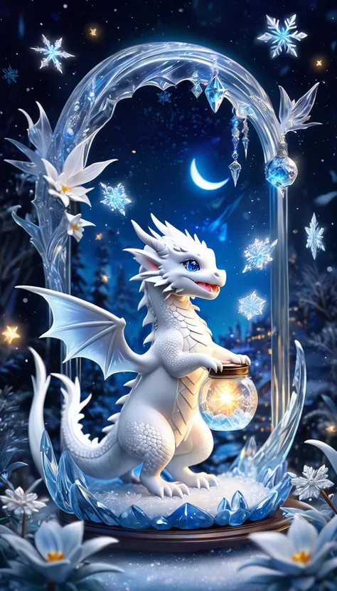 absurdres, highres, ultra detailed, HDR, master piece, best quality, smol white dragon, cute, solo, magic, ice flowers, snowflakes, ice, magical, fantasy, glass, ice moon, starry sky, ice style