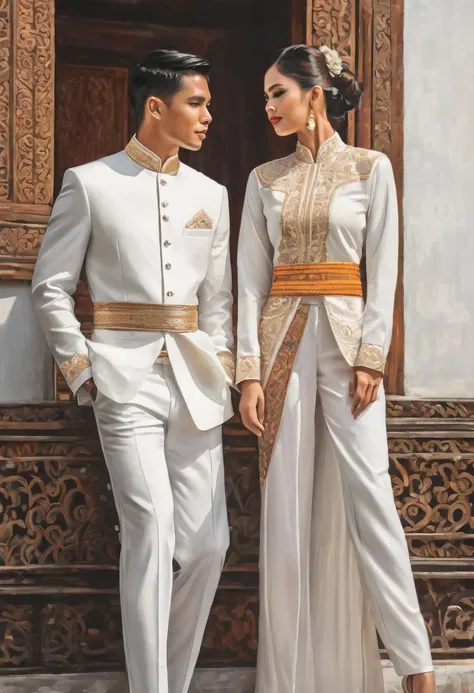 candid fashion illustration of two young man and women, adorned in a meticulously crafted north thai traditional outfit, stands ...