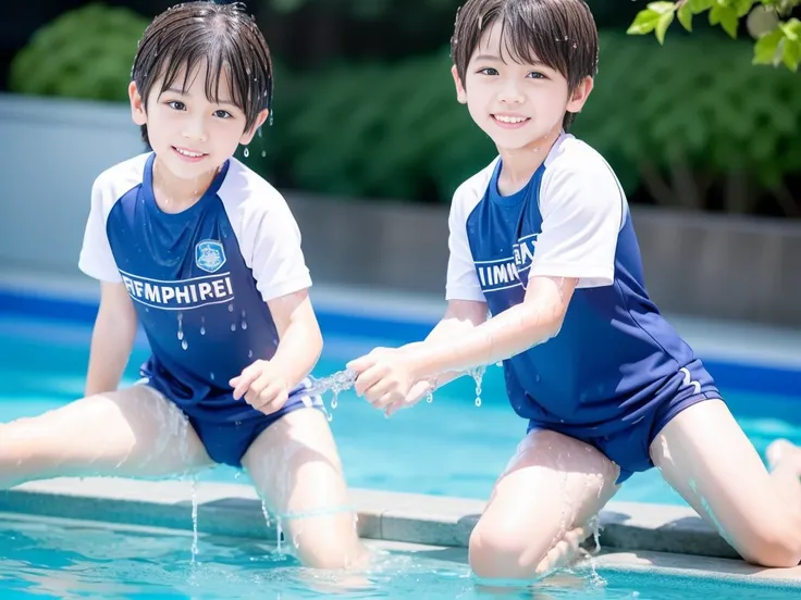 Summer vacation elementary school、Summer swimming pool、Get wet all over、Japan Boy、Glowing water splashes、Water drips all over the body、Boy playing in water、hot day、Strong sunlight、Short sleeve gym uniform、Blue shorts、barefoot，Boys only 、１０age