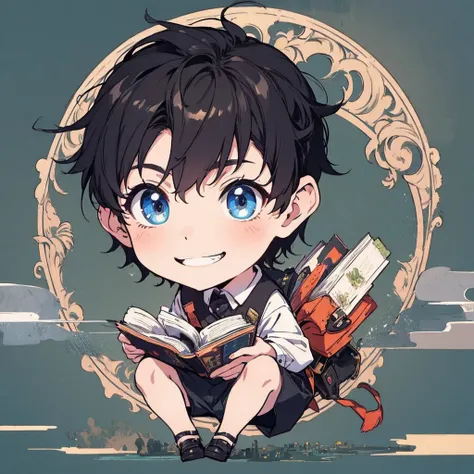 masterpiece , best quality , man , reading , chibi anime boy , smile , black hair