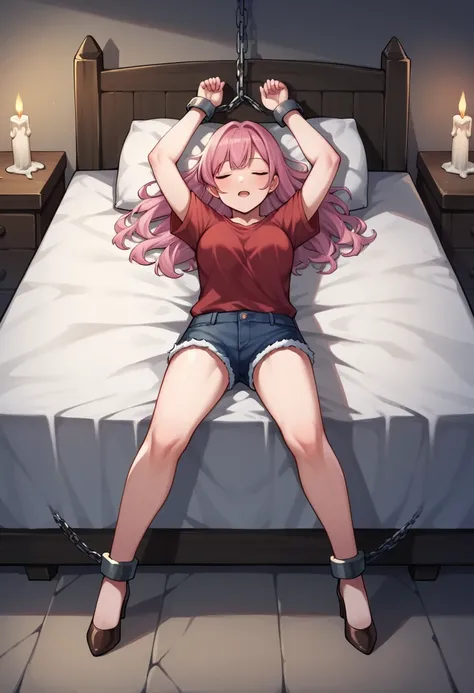 score_9, score_8_up, score_7_up, score_6_up, score_5_up, score_4_up, source_anime, 1women, sleep, bed, pink hair , close eyes, w-w-chain ,shackles, spread arms, loose hair, red shirt,brown high heels, night,candles, dungeon, best quality, best res, 4K UHD,...