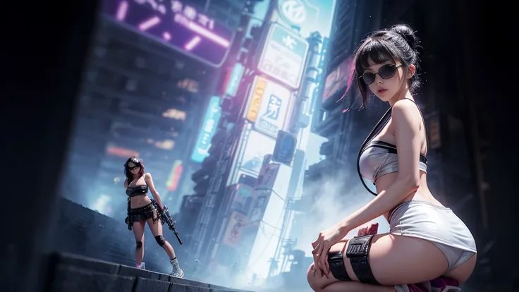 8k, Realistic Skin Texture, Realistic Photo, Neo Tokyo, slim women, large-breast:1.4 cleavage:1.3, AD2050 at night, Dirty hunting jacket, Wearing tube top, miniskirt, (((black sunglasses, automatic rifle, sneakers, cold, shooting pose, very low angle view)...