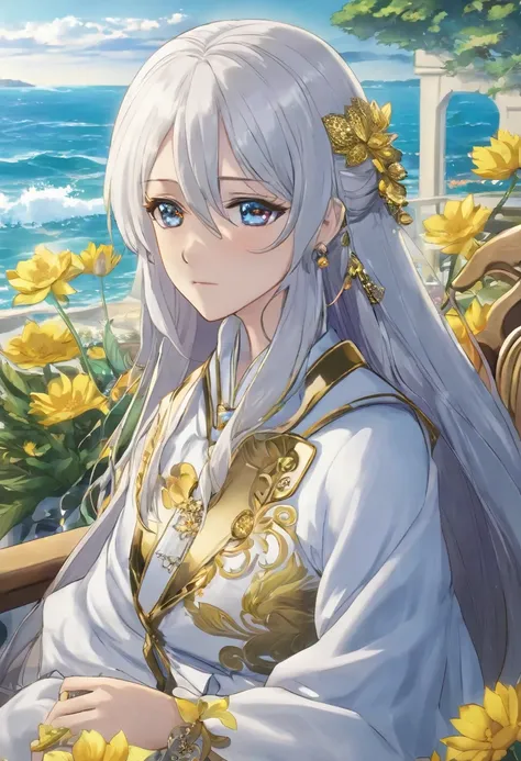 Take a seat by the ocean, She must have long white hair and a very pretty hairstyle., first the king, eyes like honey, cute boku no hero style clothes with gold details, She must be alone and with flowers on her arm as if it were a curse, Don&#39;t forget ...