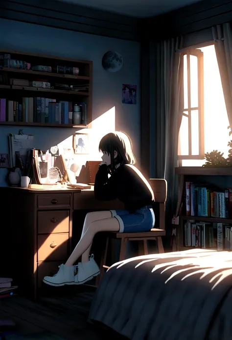 Bobohead，long black sweatshirt，Denim shorts，White sneakers，Anime Girl，on the road，まばゆい日の光  A 3D anime-style scene of a girl daydreaming in her room at night. The room is softly lit with warm-colored lights, and a desk is scattered with notebooks and pens. ...