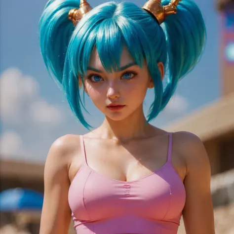 Bulma, blue eyes, (best quality, ultra-detailed), (realistic:1.37), beautiful and detailed face, ultra-realistic texture, delicate face, delicate body, red lipstick, bright colors. High definition, 8K.