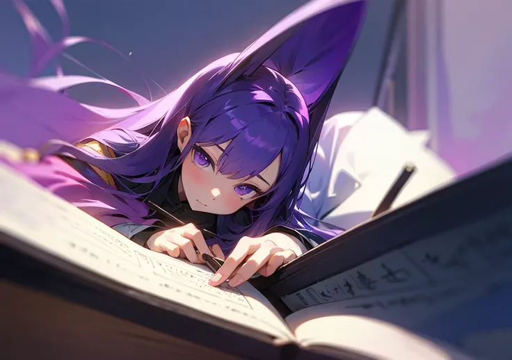 One Girl、Purple Hair、Long Hair、studying、one&#39;s home、Horizontal position、night、Anime illustration　