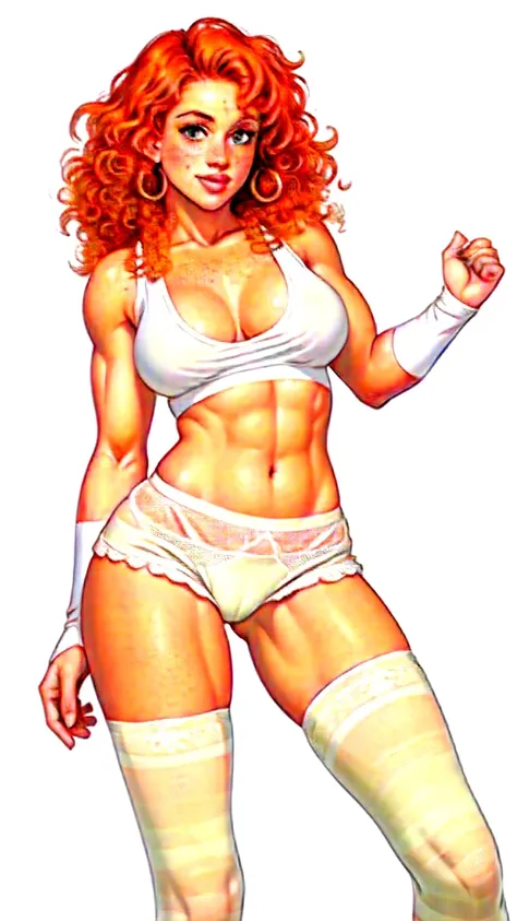 Lacy Lemon, pretty woman, curly ginger hair, midriff, white cloth hotpants,tank top, short shorts, freckles, large breasts, rubenesque, thigh high striped socks, far shot, covered nipples, green eyes, white background, blank background