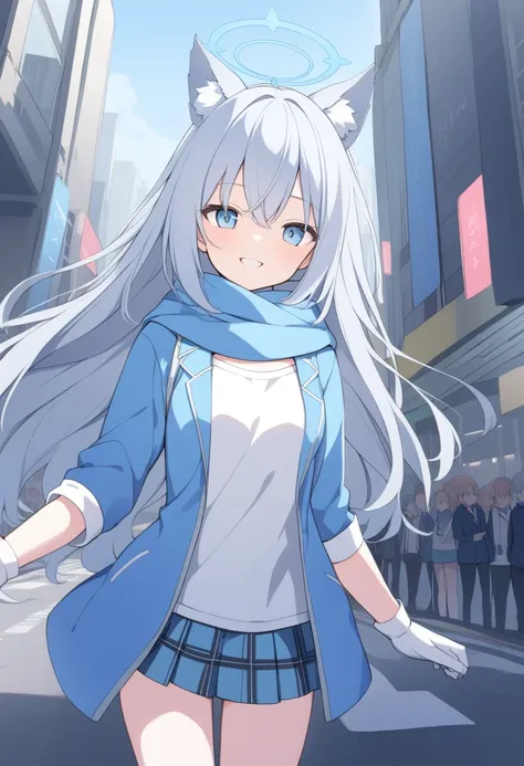 girl，silver long hair, blue eyes, wearing a blue hooded jacket,wearing blue hood，a sky blue scarf, a white t-shirt, white gloves...