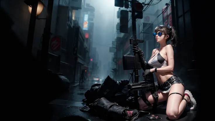 8k, Realistic Skin Texture, Realistic Photo, Neo Tokyo, slim women, large-breast:1.4 cleavage:1.3, AD2050 at night, Dirty hunting jacket, Wearing tube top, miniskirt, (((black sunglasses, automatic rifle, sneakers, cold, shooting pose, very low angle view)...