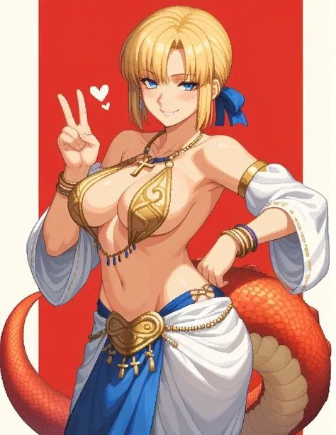 score_9, score_8_up, score_7_up, rating_safe, 1girl, solo, Pixel_Art, Fate/Zero, saber, blue eyes, yellow hair, short hair, attached hair, side bangs, big breasts, revealing clothing, harem outfit, collarbone, backless, topless, cross halter, necklace, loo...