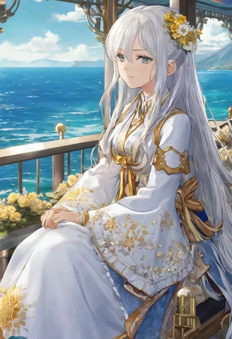 Take a seat by the ocean, She must have long white hair and a very pretty hairstyle., first the king, eyes like honey, cute boku no hero style clothes with gold details, She must be alone and with flowers on her arm as if it were a curse, Don&#39;t forget ...