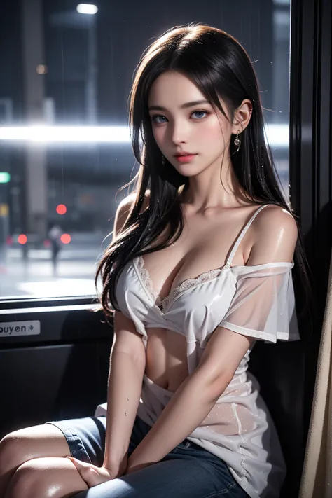 (RAW shooting, Photorealistic:1.5, 8K, Highest画質, masterpiece, Ultra-high resolution), Perfect dynamic composition:1.2, Night Street Corner, Looking up at the sky:1.3, (((Heavy rain from a typhoon))), Highly detailed skin and face textures:1.2, 雨にWetスリムな女子...