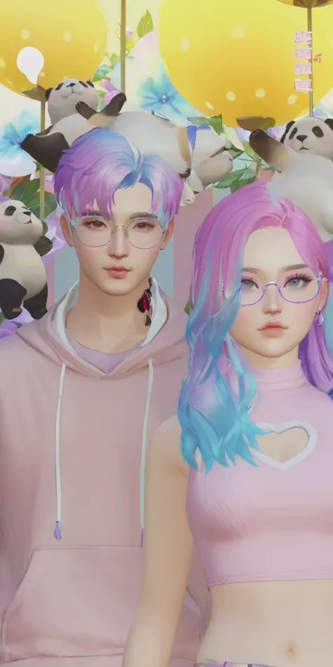 there are two people with colorful hair and panda bears behind them, inspired by Sim Sa-jeong, realism , kawaii realistic portrait, realistic, aesthetic!!!!!!!!!!, kda and sam yang, pastel goth aesthetic, the sims 4 texture,  in the style of guweiz, aesthe...