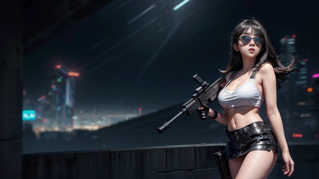 8k, Realistic Skin Texture, Realistic Photo, Neo Tokyo, slim women, large-breast:1.4 cleavage:1.3, AD2050 at night, Dirty hunting jacket, Wearing tube top, miniskirt, (((black sunglasses, automatic rifle, sneakers, cold, shooting pose, very low angle view)...